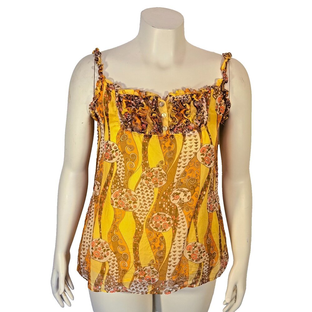 Nick & Mo Tank Top Womens M Silk Yellow Pink Tan Paisley Lined Ruffled Strappy